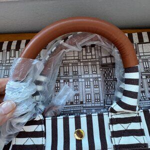 Limited Edition Henri Bendel Striped Canvas Tote Bag Brown White Signature Large